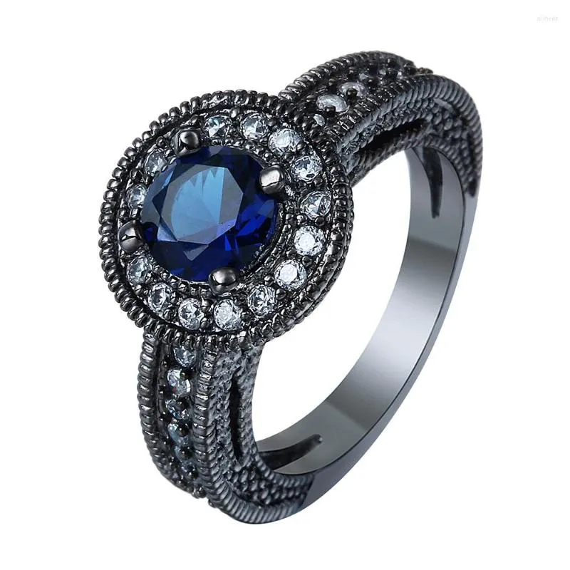 Wedding Rings Round Circle Royal Blue Vintage Black Gun Promise Trendy Jewelry Christmas Gif Czech Zircon Engagement Ring For Women