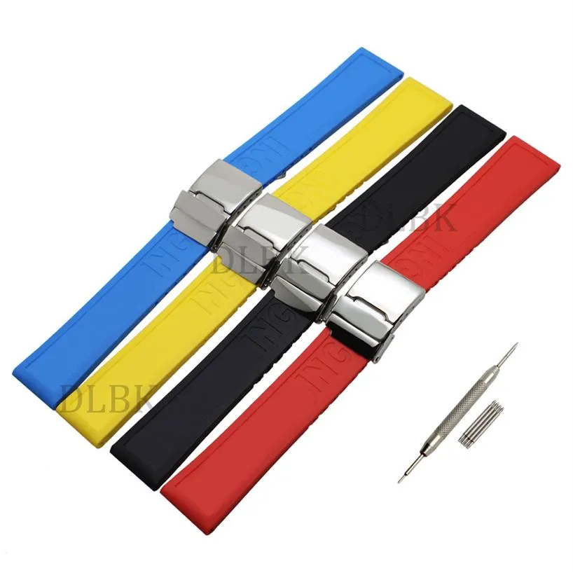 22 mm noir bleu rouge jaune trou section bracelet de sport en caoutchouc de silicone bracelet de montre boucle en acier inoxydable pour Breitling Tool2482