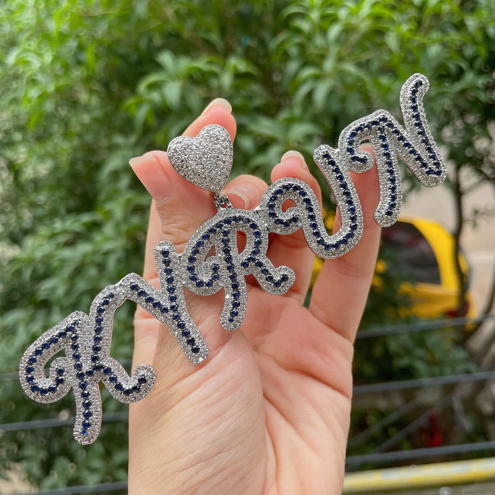 Goudzilverkleur Iced Out Custom Name Cursive Letters hanger Nacklace met 3 mm 24inch touwketen voor herenhip sieraden