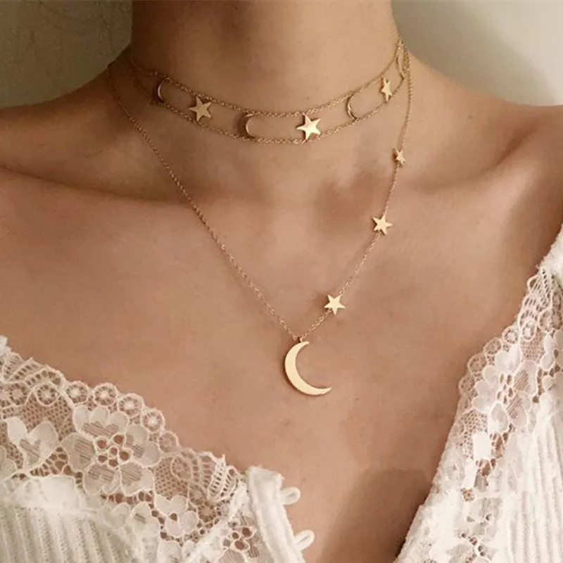 Trendy Çok Katmanlı 316L Titanyum Çelik Ay Yıldız Kolye Tasarımcı Kolye Kadın 18 k Altın Kaplama Link Zinciri Chokers Bayan Kolye Moda Takı Arkadaş Hediye