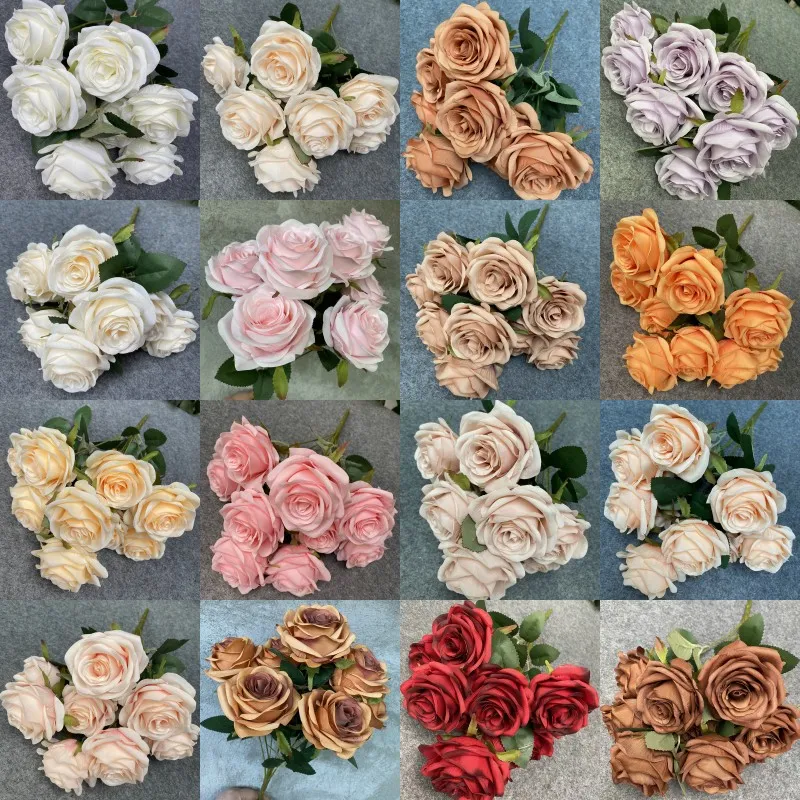 9 huvuden konstgjorda rosblommor Silkduk Fake Rose Bouquet Valentine Mother Day F￶delsedagspresent Br￶llopsfest Home Office Restaurang Dekoration