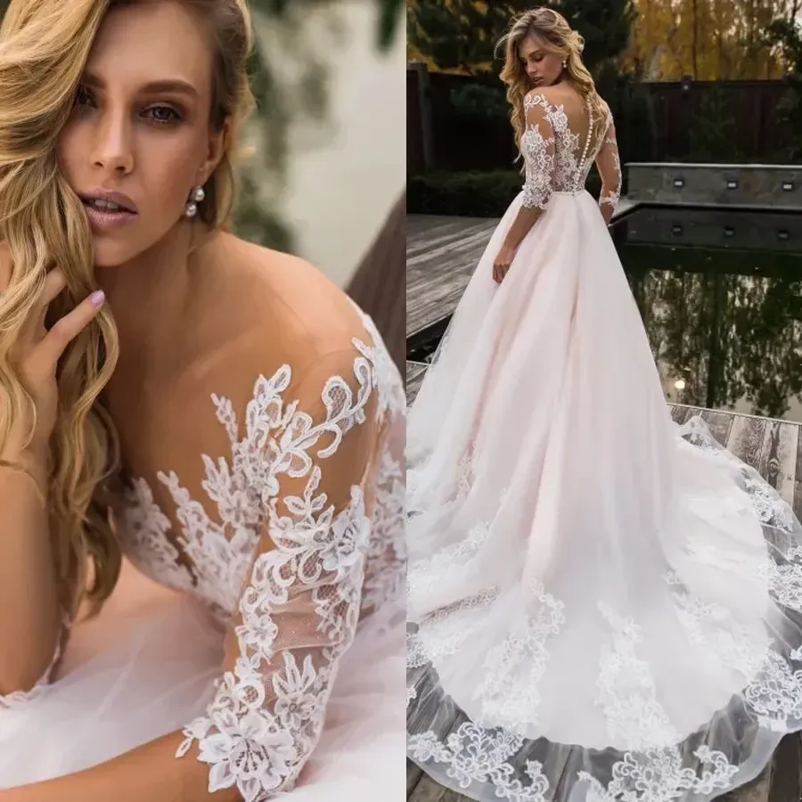 Vestidos de noiva de tule de renda pura romântica para o jardim de verão Boho Vestidos de noiva Sexy Veja através de meio lesão corar rosa longa vestidos