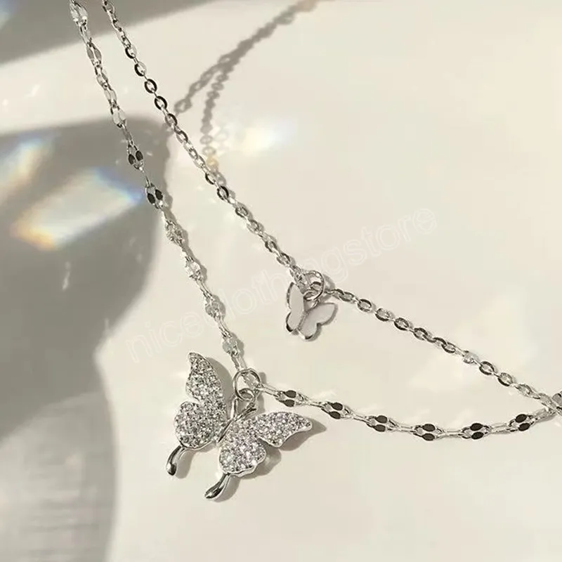 Gold Silver Colour Shiny Butterfly Necklace Women Elegent Double Layer Clavicle Chain Necklace Anniversary Gift Jewelry Necklaces