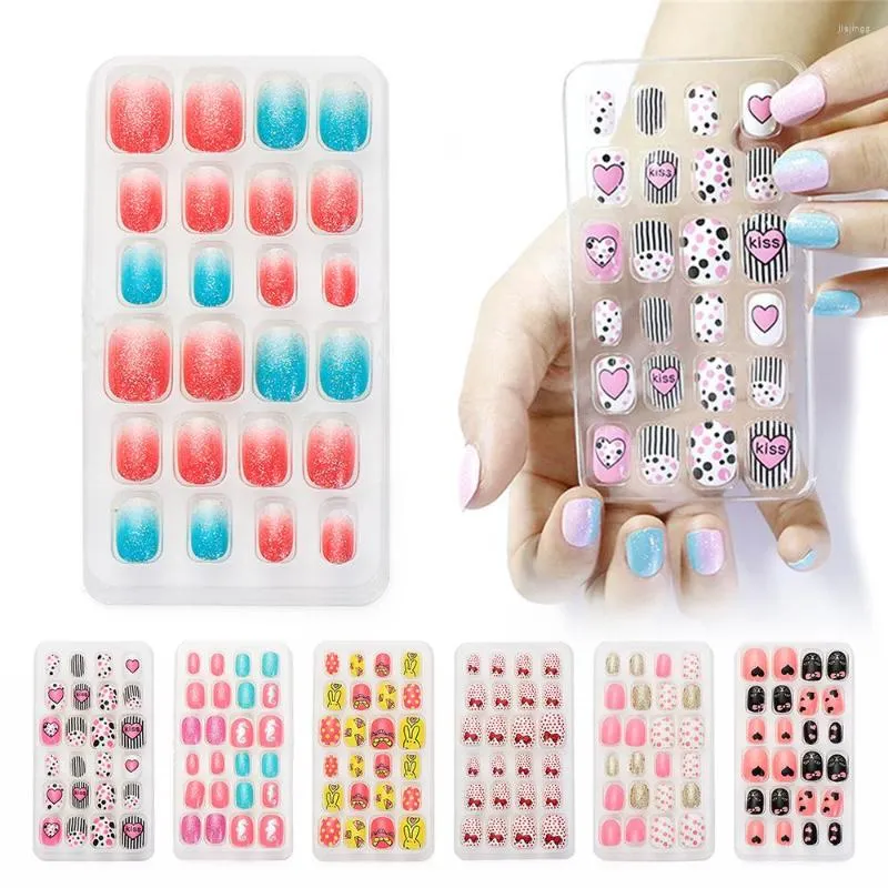 Valse nagels 24 -stcs/lot candy nagel tips druk op kinderen cartoon volledige omslag kindlijm zelf nep kunst voor meisjes manicure