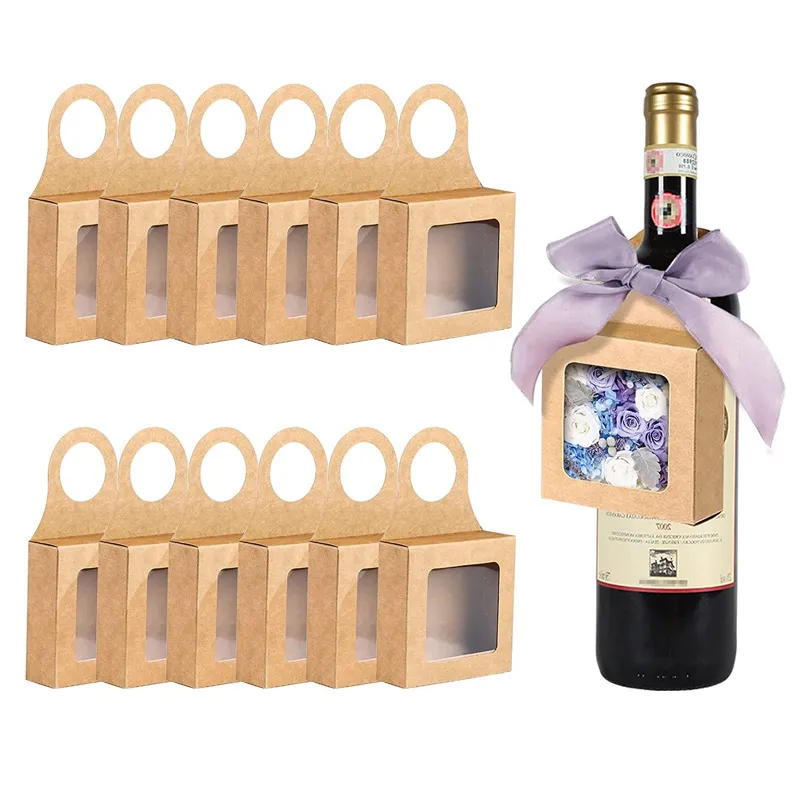 Kraft Paper Wine Bottle Box with Window Wine Hanging Foldable Gift Boxes Wine Boxes for Gifts Candy Chocolate LX5339