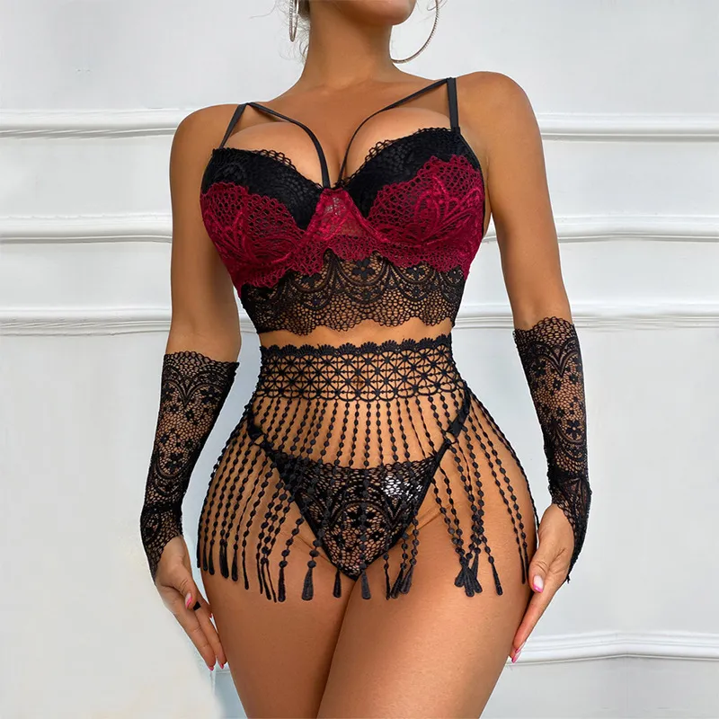 Tassels Lingerie sensual Conjunto sexy de roupas íntimas de roupas íntimas de 4 peças de 4 peças