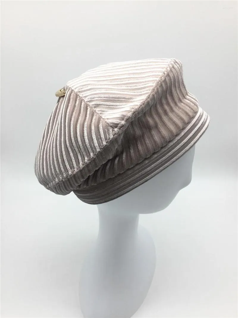 Berets Women Solid Beret Lady Girls Striped Velvet Hat Female Painter Style Winter With Metal Ring On The TOP Pink Grey Black Beige