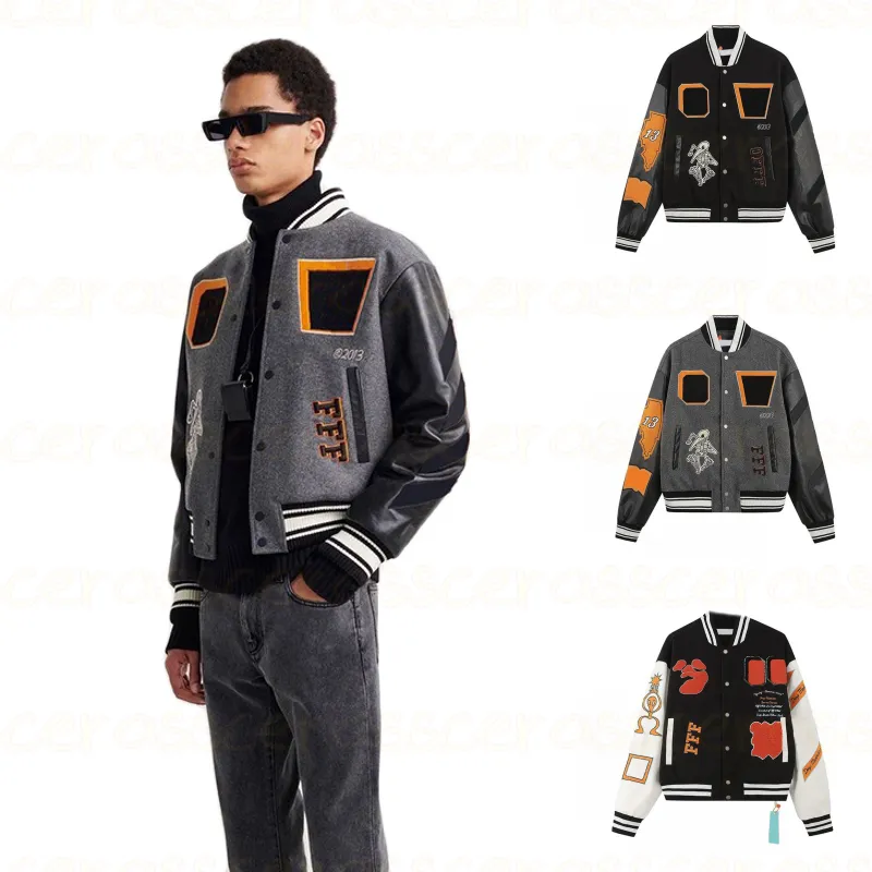ファッションデザイナーオフスカルデカール野球ジャケットウールツイードスプライシングレザースリーブコート刺繍レディースヒップホップスタイル冬のジャケット S-XL