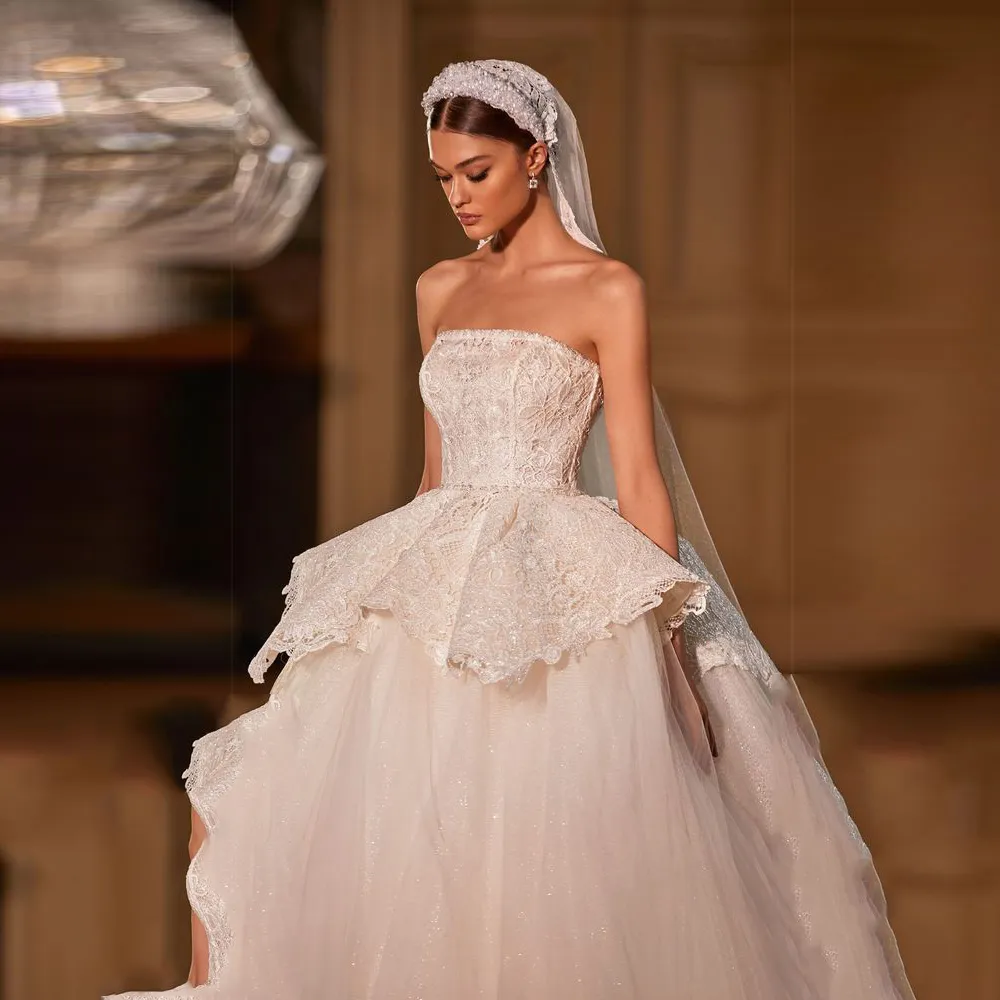 Glittering Lace Top Princess Strapless ballgown wedding dress with Strapless Design and Chapel Train