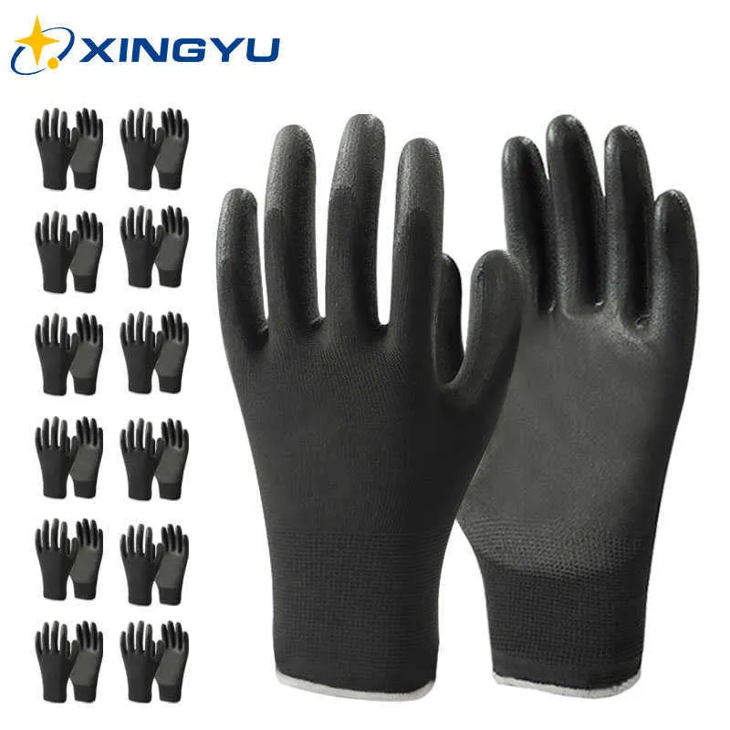 Guantes de trabajo 12 pares Cubierta de poliéster recubierta de PU negra Ideal para construcción mecánica Multiusos tiene 518 508 528