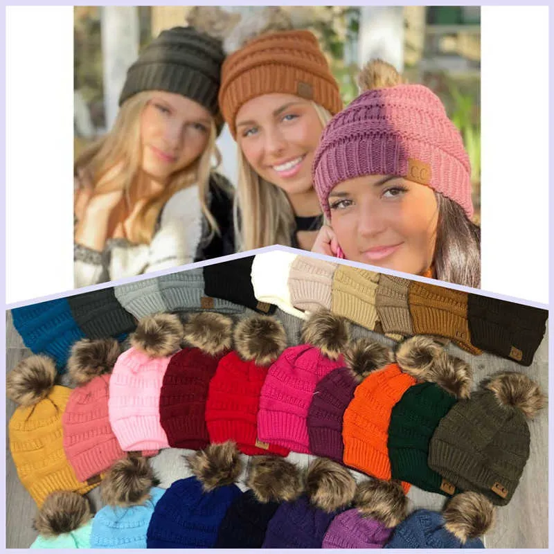 2023 Garden Christmas CC adult winter warm hat women soft stretch cable knitted pom beanie girl Skiing Christmas