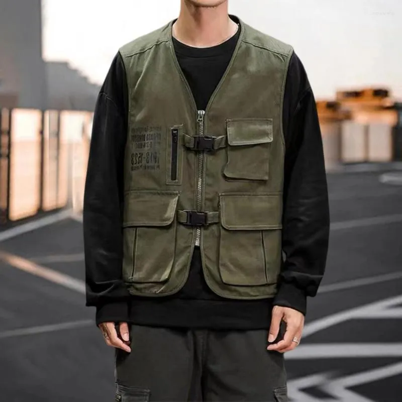 Men's Vests Men Sleeveless Cargo Vest Jacket V-Neck Solid Color Multi Pockets Zipper Placket Buckle Closure Coat Hiking Clothing