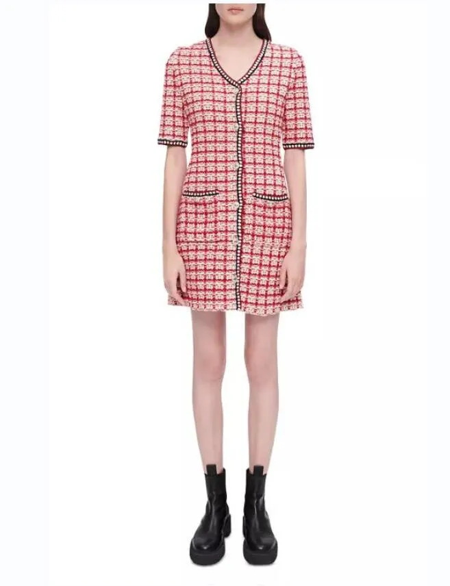 DHgate.com:Plaid Panelled Tweed Dress: V-Neck Short Sleeve