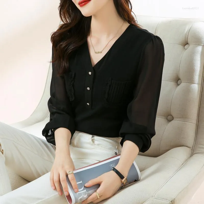 Women's Blouses Knitting Women's 2022 In Chiffon Patchwork Shirts Slim Long Sleeves Summer Korean Top Spring V-Neck Casual Clothing