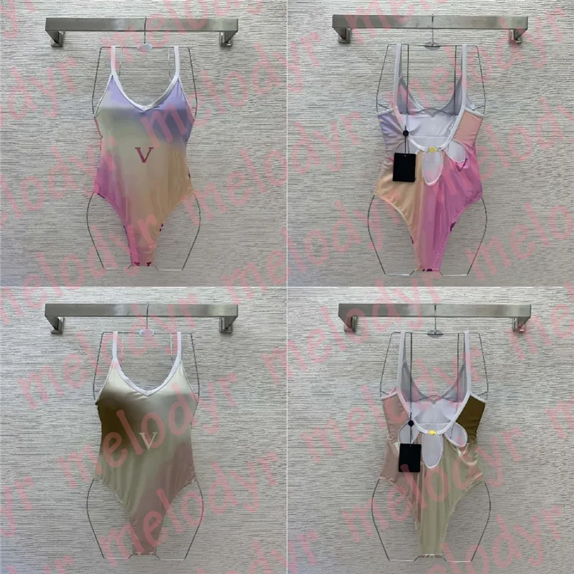 Gradient Swimwear Sexy Hollow One Piece Bikini Letter Print Women Padded Sling Swimsuit
