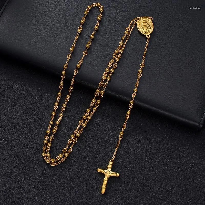 Naszyjniki wisiorek upuść 28 "stal nierdzewna koraliki różańce Naszyjnik 4 mm złoty /czarny kolor z Jezus Christ Crucifix Cross