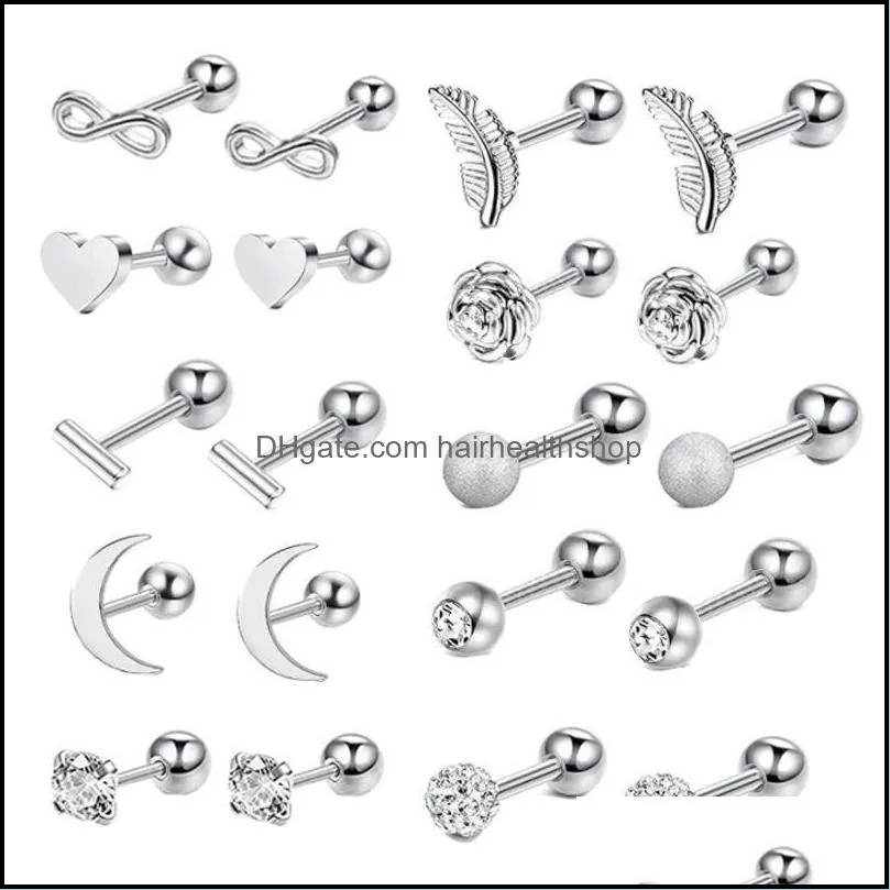 Body Arts 16g rostfritt stål Moon Heart Cross Rose Ear Barbell Helix Tragus Brosk Earring Set Piercing Jewelry for Men and Wome Dh1n4