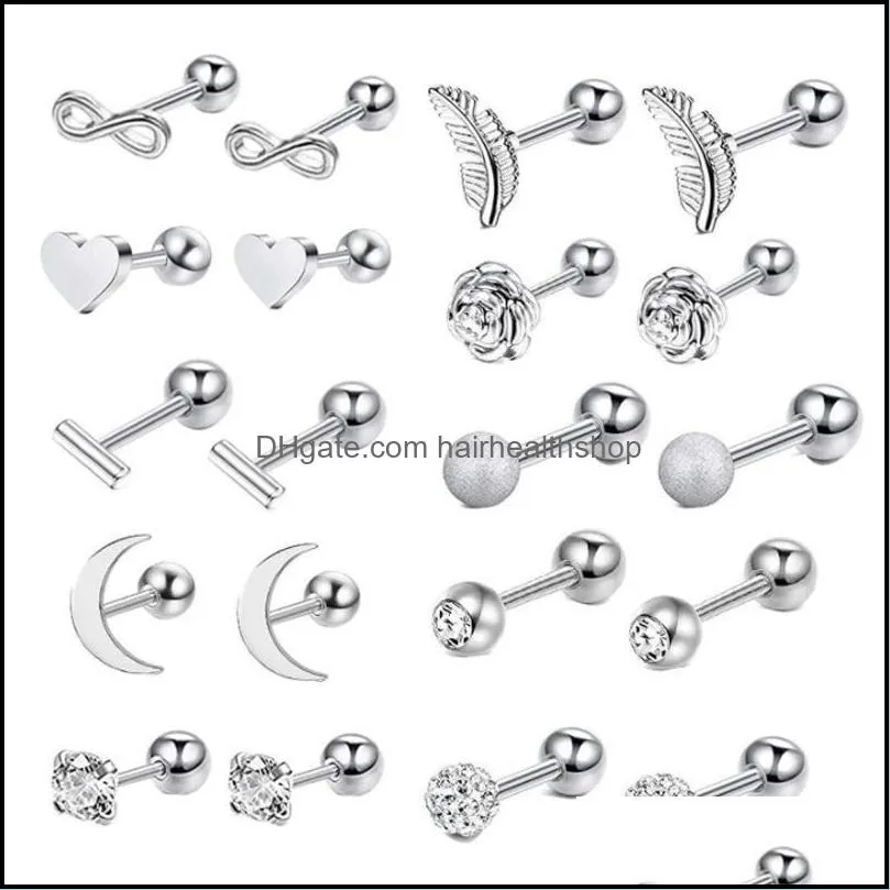 Body Arts 16G RVS Moon Heart Cross Rose Ear Barbell Helix Tragus Cartilage Earring Set Piercing Sieraden voor mannen en vrouwen Dh1N4