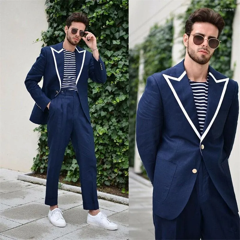 Men's Suits Navy Blue Men Formal Fit Slim Custom Made Ensemble Homme White Lapel 2 Buttons Groomsmen Prom Party Pieces Blazer Sets