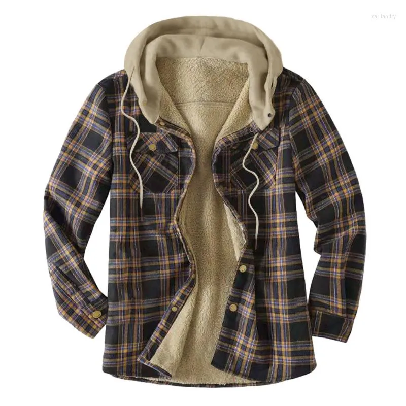 Men's Casual Shirts Hooded Plaid Fleece For Men Fall Winter Thick Warm Velvet Lined Flannel Shirt Jacket Man Camisas De Hombre