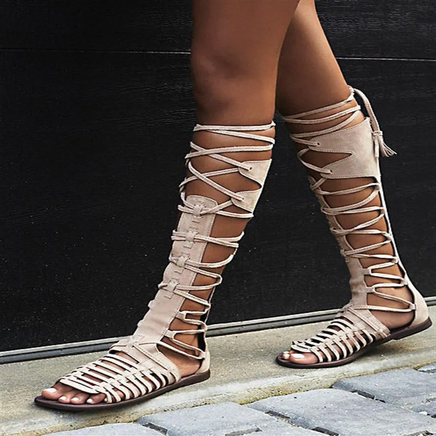 Sexy frauen Zurück Zipper Neue Offene spitze Knie Hohe Hohe Spitze Up Cut Out Römischen Gladiator Flache Sandalen dame Casual Runway Stiefel Sh238f