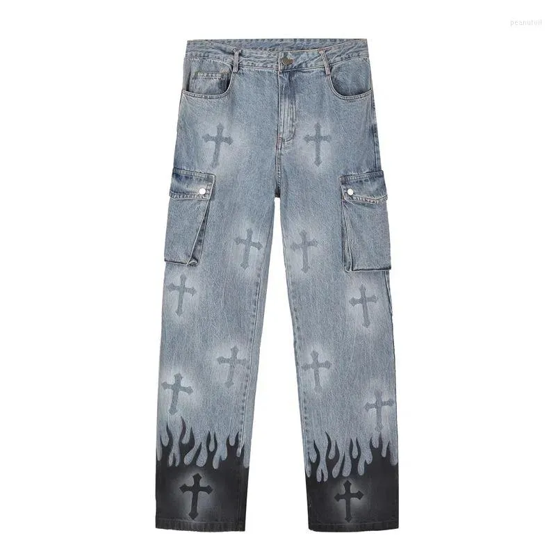 Jeans da uomo Punk Pantaloni in denim da uomo Harajuku Flame Cross Stampa Color Block Baggy Pantaloni dritti maschili Multi-tasche Autunno Win259n