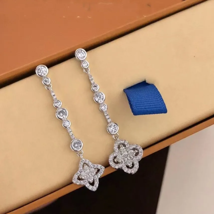 Luxe Dangle Oorbellen Ruimte Shooter Ontwerper Volledig Kristal Klavertje Vier Kwastje Ketting Drop Voor Vrouwen Bruiloft Sieraden Bruiden Feestcadeau Met Doos