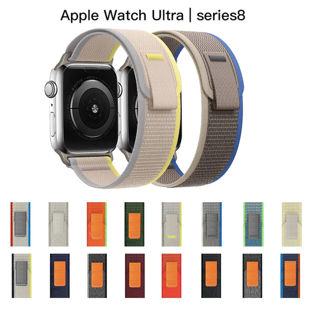 Ремень для полосы нейлоновых следов для Apple Watch Ultra 49 мм 45 44 40 38 мм браслета IWATCH Series 8 7 6 5 4 3 SE замена металлических адаптерных ремешков.