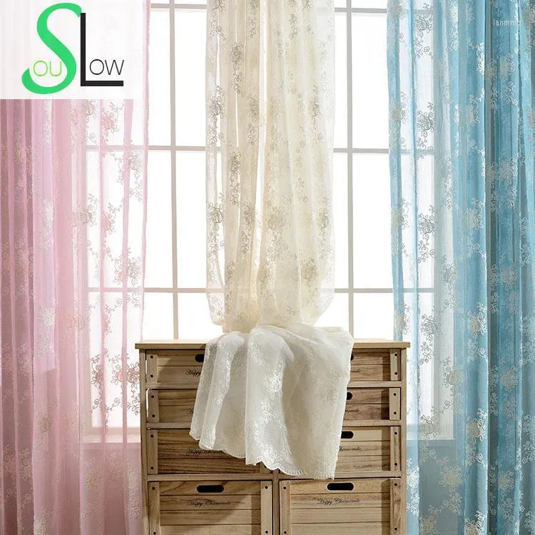 Curtain Slow Soul White Powder Blue Rose Garden Bedroom Curtains Embroidered Pastoral Floral Tulle For Living Room Kitchen 3d