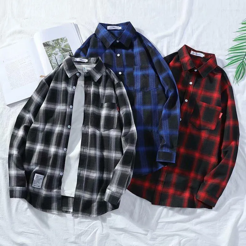 Casual shirts voor heren Harajuku Plaid Shirt Men Katoen mannelijke jas met lange mouwen unisex blouses tops extra grote retro lange mouwen