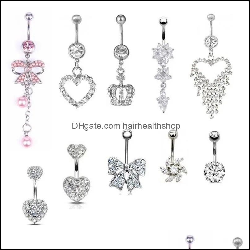 Body Arts 10 Uds. Kit de anillos colgantes para el ombligo, barras para el ombligo de acero inoxidable a la moda, joyería para piercing Cz para mujer, Drop Delive Dhmow