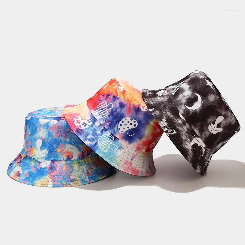 Breda randen hattar tie-dye fjäril eldmoln svamp tryck fiskare hatt män kvinnor utomhus fritid hink solskyddsmedel kvinnlig solbob