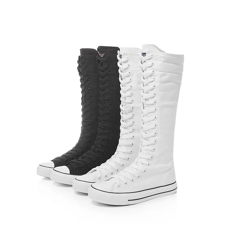 Four season knee high boots for women top Fashion interior height Versatile black and white High lace up flat shoes