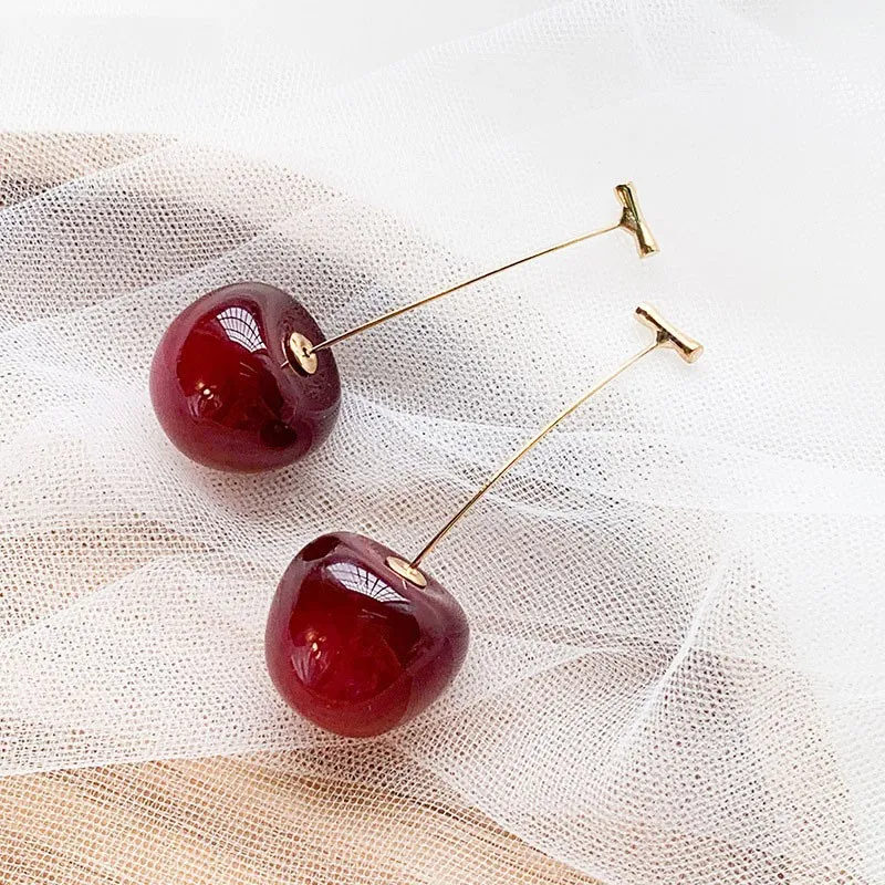 Fashion Women's Acrylic Earrings Geometric Cherry Long Dangle Earrings Girl Women Temperament Jewelry Gift