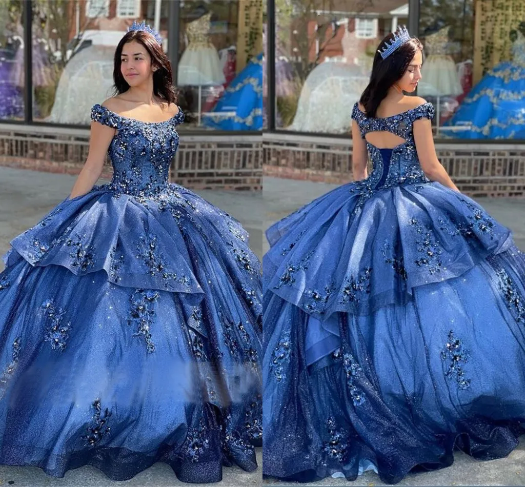 Bling Tulle Navy Azul Quinceanera Vestidos Princesa 2023 Appliques Minchou o ombro Sweet 16 Dress Faculdade de formatura Faculdade de formatura