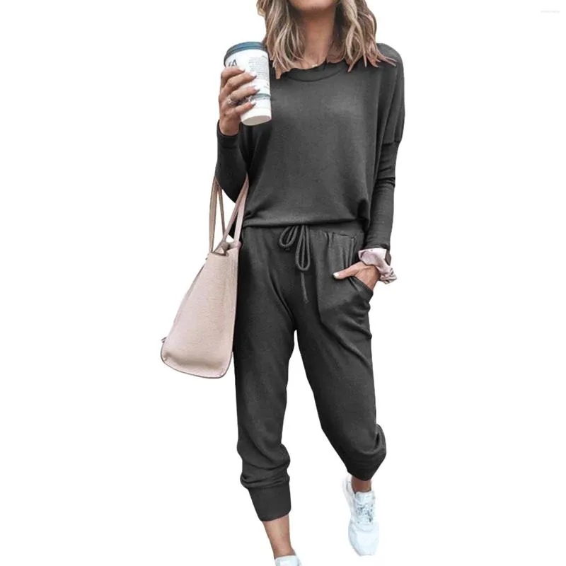 Women's Two Piece Pants Home Wear Sports Suit Long-sleeved Casual Sportswear Loose Solid Color