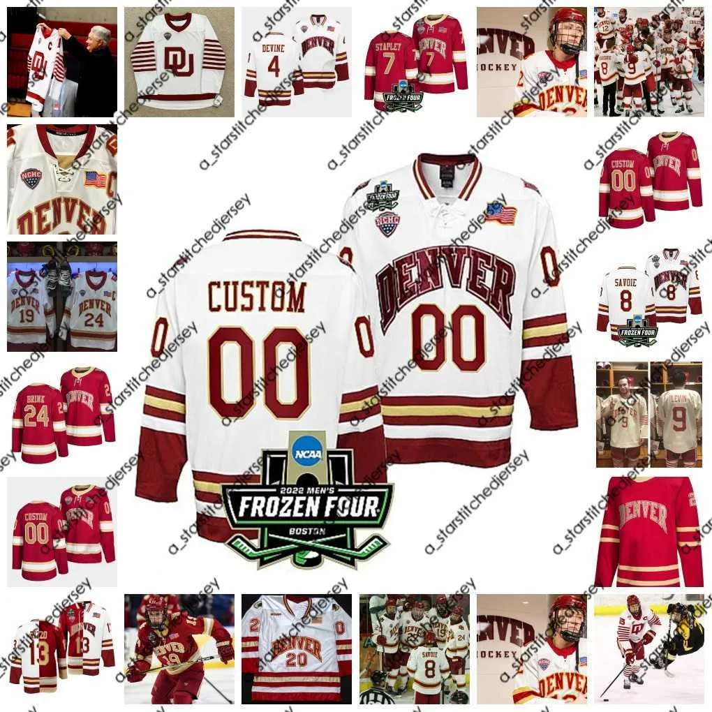 يرتدي الهوكي الكلية 2022 NCAA Frozen Four Championship Custom Denver Pioneers du Ice Hockey Jersey 8 Will Butcher 42 Tyler Bozak 5 Henrik Borgstrom 8 John Mac