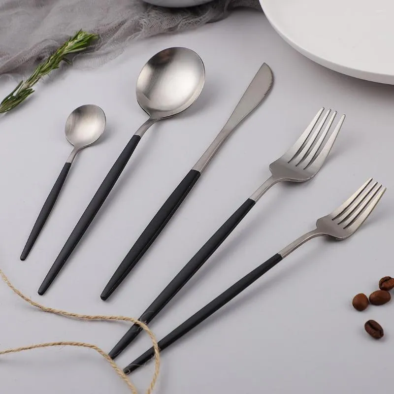 Servis upps￤ttningar Frosted Black Silver Table Gervis Knife Teskoon Dessert Fork Set Kitchen Stainless Steel Matt Western bestick