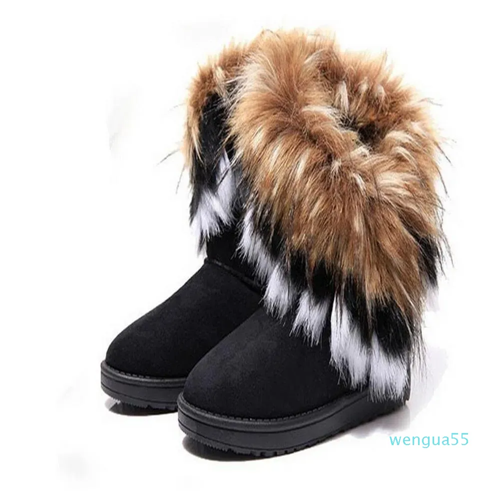 Fashion Fox Fur теплый осенний зимний клинья снежные женщины ботинки ботинки на искренний митация Lady Short Boots повседневные длинные снежные туфли Размер 362378