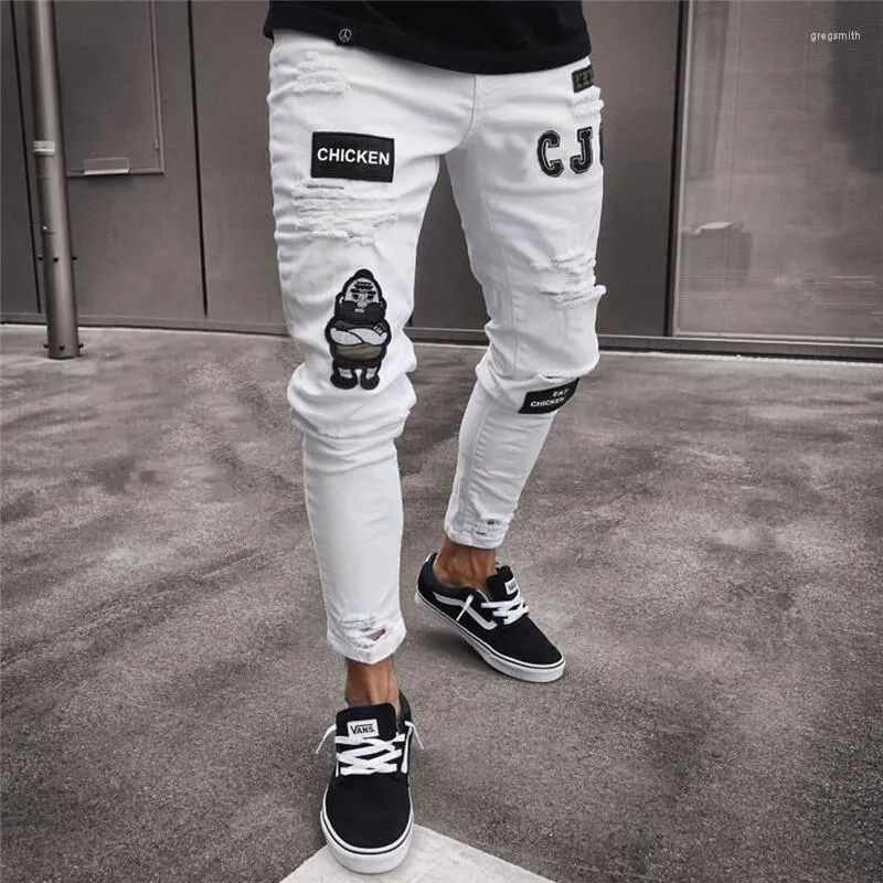 Mannen Jeans Mannen Mode Vintage Gescheurd Super Skinny Slim Fit Rits Denim Broek Vernietigd Gerafeld Broek Cartoon Gotische Stijl Broek