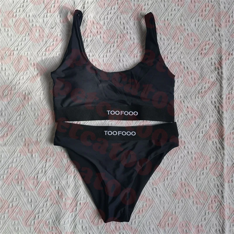 Schwarzer Sport-Bikini-Unterwäsche-Badeanzug mit Buchstaben-Aufdruck, klassische Damen-Bademode, schnell trocknender Badeanzug