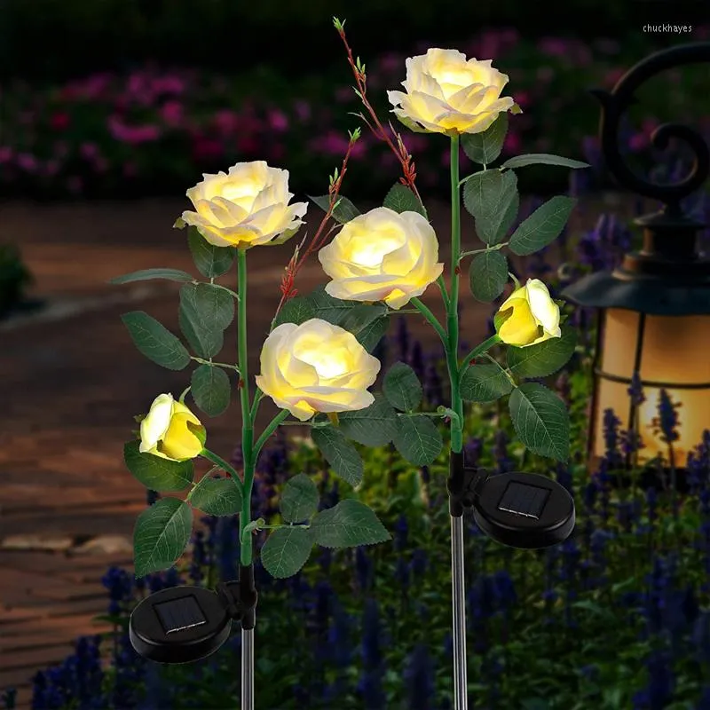 3pcs Solar Garden Lights LED Simulation Rose Outdoor Waterproof With Stakes Landscape Flower Light Decor
