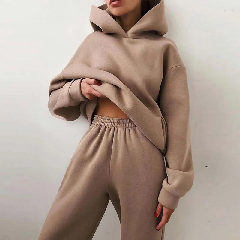 Vêtements de sport Femmes Survêtement Hoodies Casual Solide À Manches Longues Polaire Chaud À Capuche Sportswear Costume Sweat À Capuche Pulls Pantalon Deux Pièces Ensembles