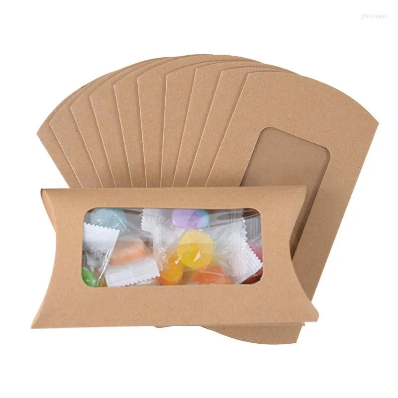 ギフトラップ10/20pcsクラフトペーパーキャンディボックス枕型透明な窓梱包箱結婚式の誕生日パーティーキッズサプライ