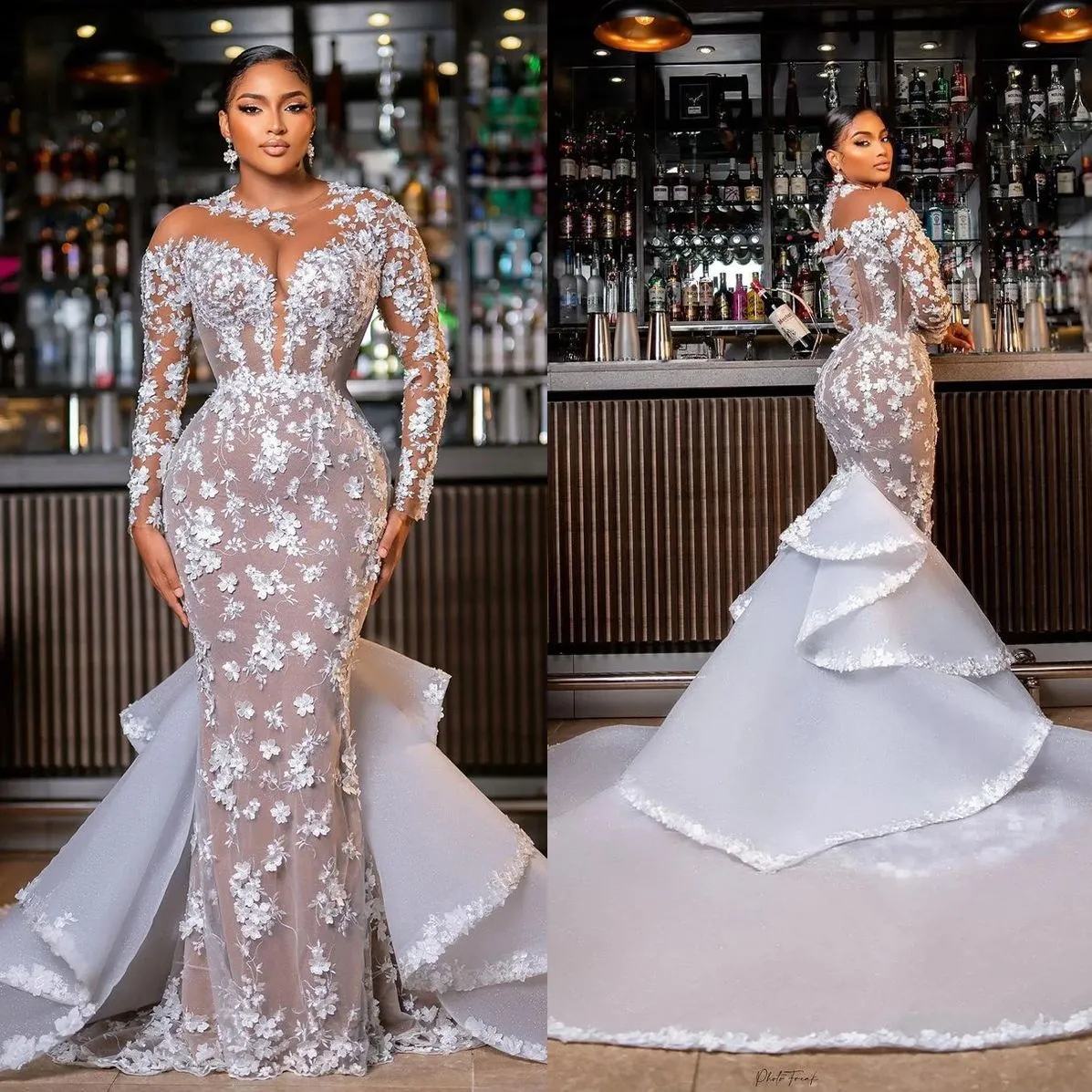 Elegant Mermaid Wedding Dresses Full Sleeve Flowers Applique Vestido De ...