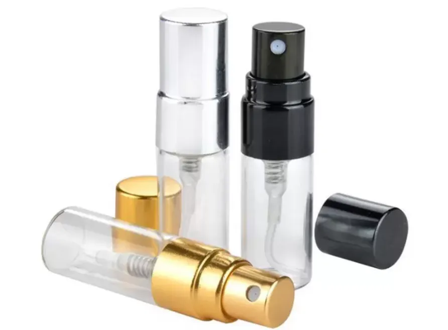 3 ml reisvulbare glazen parfumfles met UV -sproeier cosmetische pomp spray verstuiver zilvergouden dop parfum essentiële container