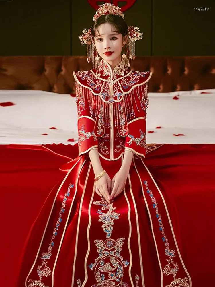 Ethnic Clothing Bride Costume Oriental Toast Vintage Tassels Wedding Dress Red Satin Embroidery Cheongsam Chinese Style Marriage Set