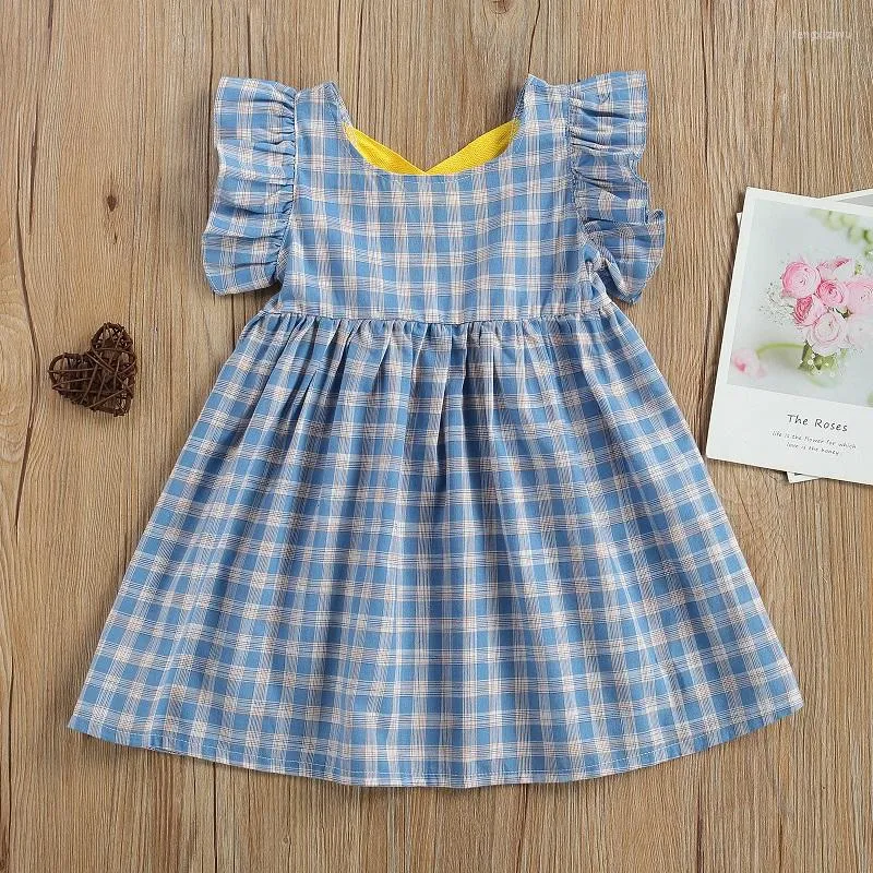 Girl Dresses Children Summer Princess Dress Kids Baby Girls Plaid Round Collar Backless Ruffle Criss-cross Strap Sleeveless A-line Sundress