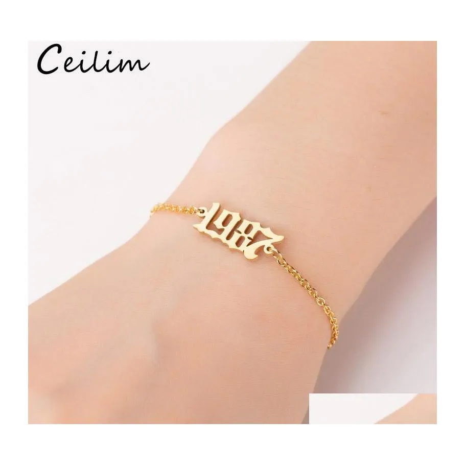 Link Chain Minimalism Number Bracelet For Men Women Hand Jewelry Personalized Special Dates Birth Year Bracelets Old English Brithd Otpwc