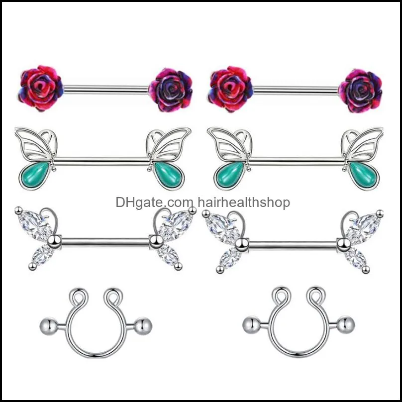 Body Arts 14G Rose Fleur Nipple Anneau Papillon Piercing Barbell Pour Femmes Bijoux Drop Livraison Santé Beauté Tatouages Art Dhp8R